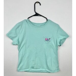 Vineyard Vines Women's T-Shirt L Light Blue Floral Whale Pocket Tee 2022